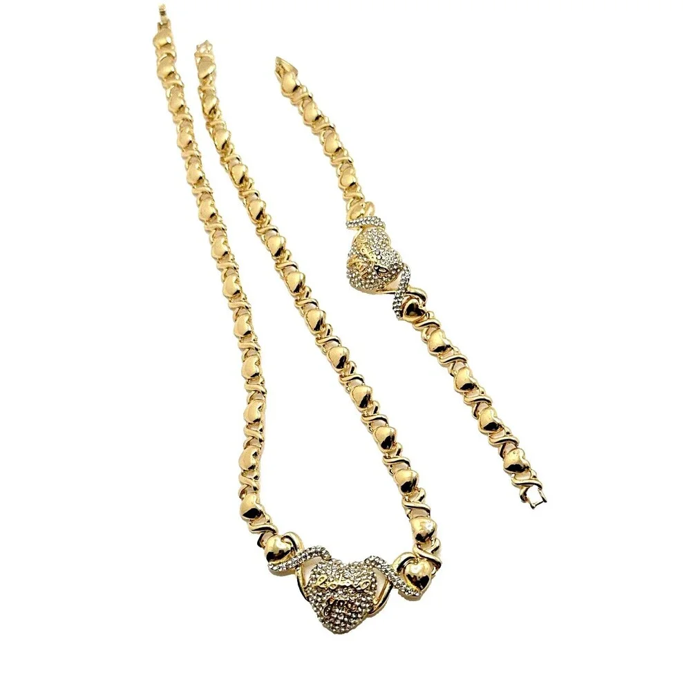 Gold Tone Rhinestone Heart Necklace Bracelet Set I Love You Pave Statement